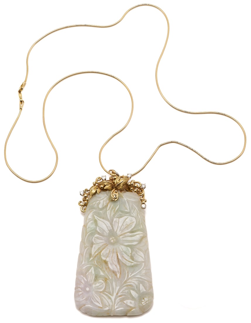 Carved 14K Jadeite & Diamond Pendant Necklace (1 of 9)