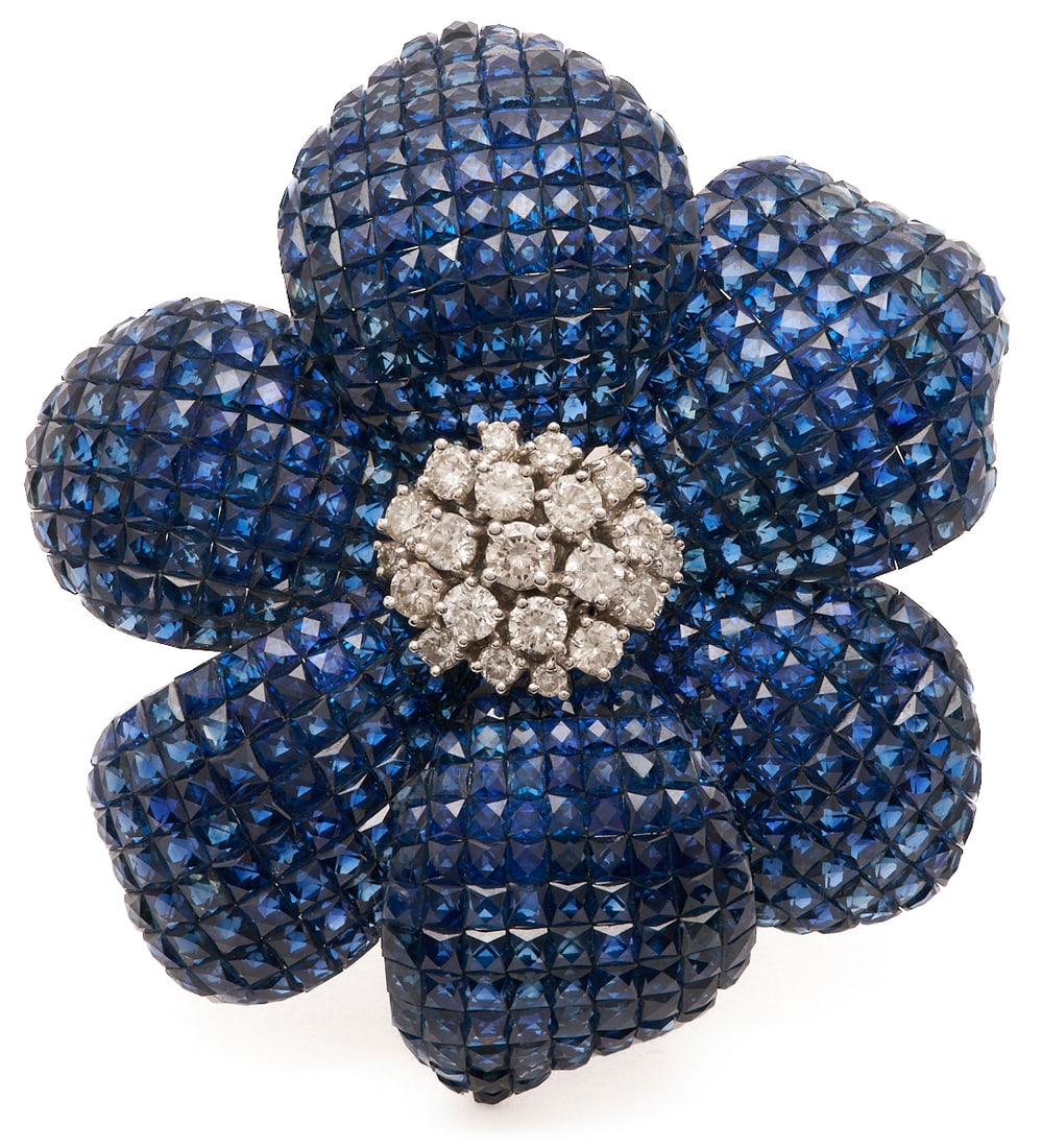 18K Sapphire & Diamond Floral Brooch (1 of 7)