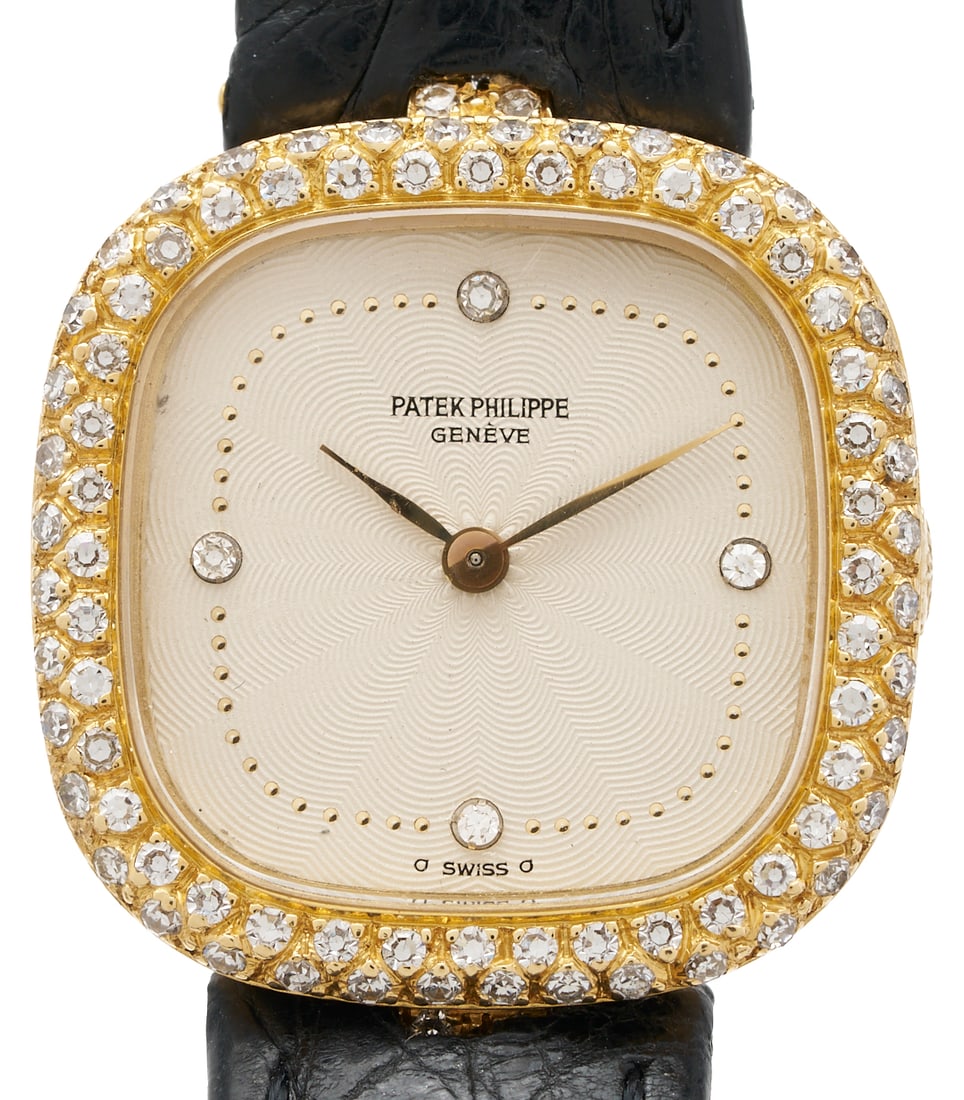 Ladies 18K Gold & Diamond Set Patek Phillipe Wrist Watch, Model 4503: Ladies' 18K yellow gold Patek Phillipe wristwatch, Ref. #4503, caliber 16-250, movement Serial # 1401013, case serial #2788688. Square face with tapering corners, 23mm x 23mm, diamond-set