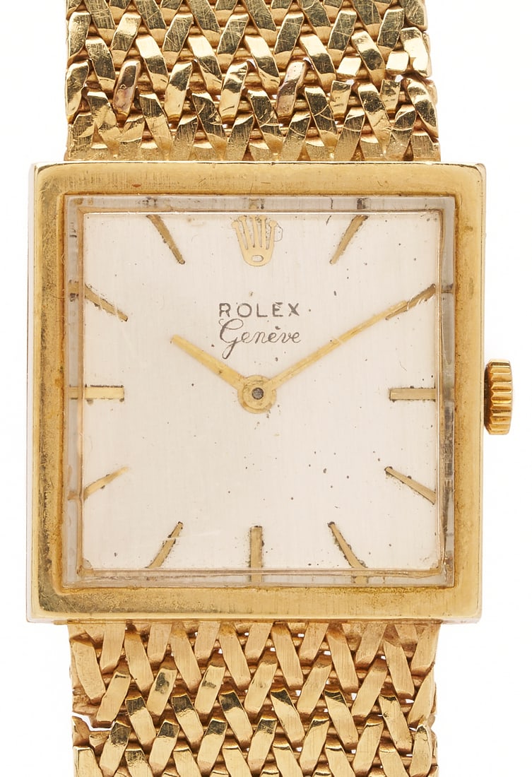 Vintage Rolex 14K Geneve Wrist Watch: Vintage 14K yellow gold Rolex Geneva wristwatch, Serial #21171, Caliber 1600 movement, 17 jewels. Square champagne-dial watch with gold-bar number markers and hands, 14K mesh bracelet. The case a