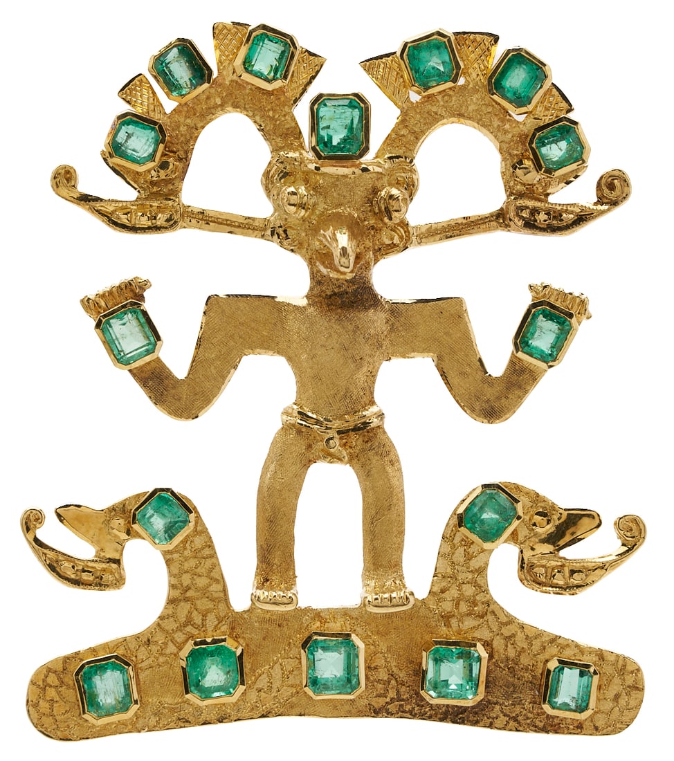 18K Columbian Emerald and Gold Aztec Style Native Pendant: Ladies’ 18K yellow gold Colombian emerald Aztec-style native pendant featuring 16 bezel-set natural emerald-cut emeralds totaling approximately 5.75 carats. XRF tested as 18K gold. Measuring