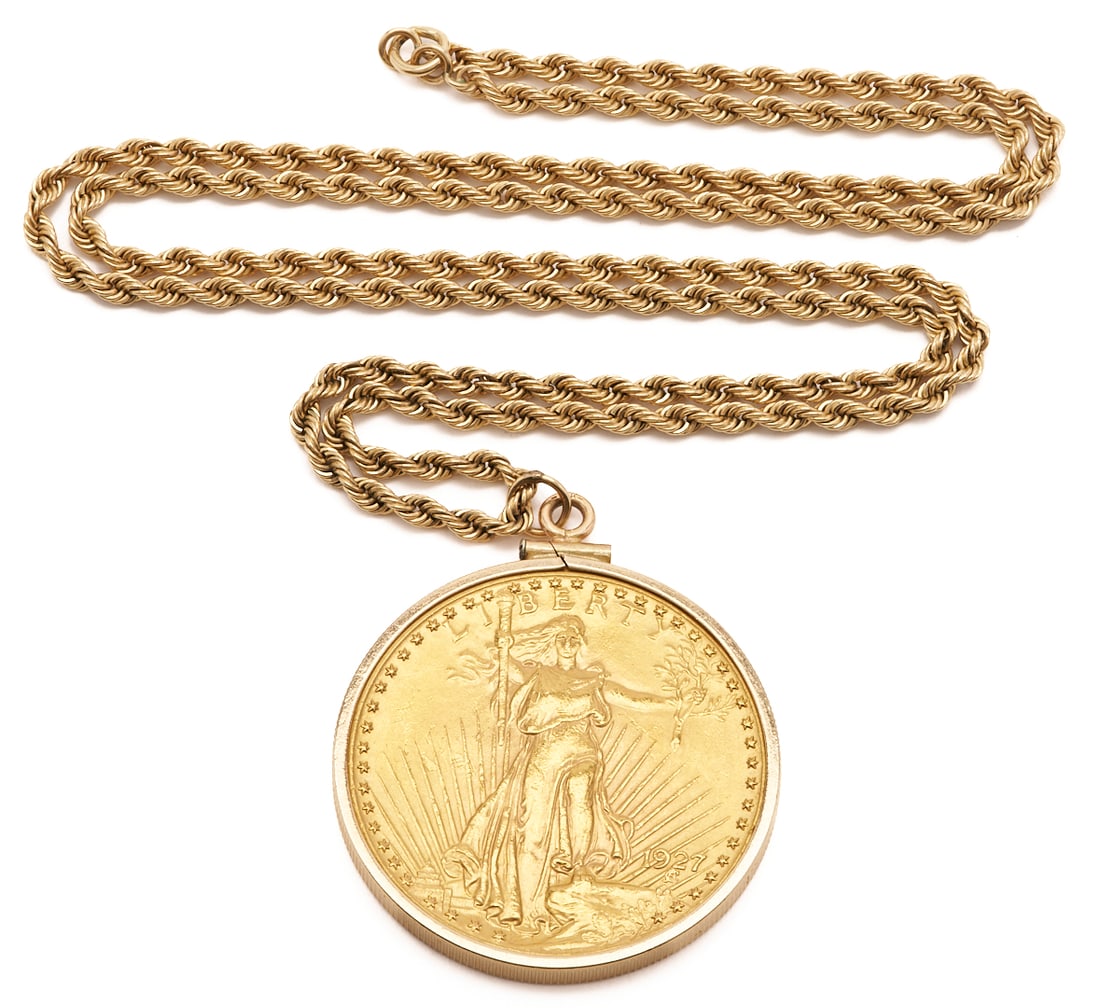 1927 St. Gaudens $20 Double Eagle Gold Coin in 14K Gold Bezel & 14K Chain (1 of 6)