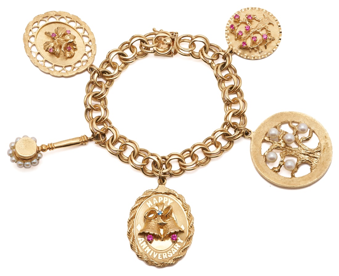 Vintage 14K Yellow Gold Charm Bracelet & 5 14K Gemstone Charms (1 of 12)
