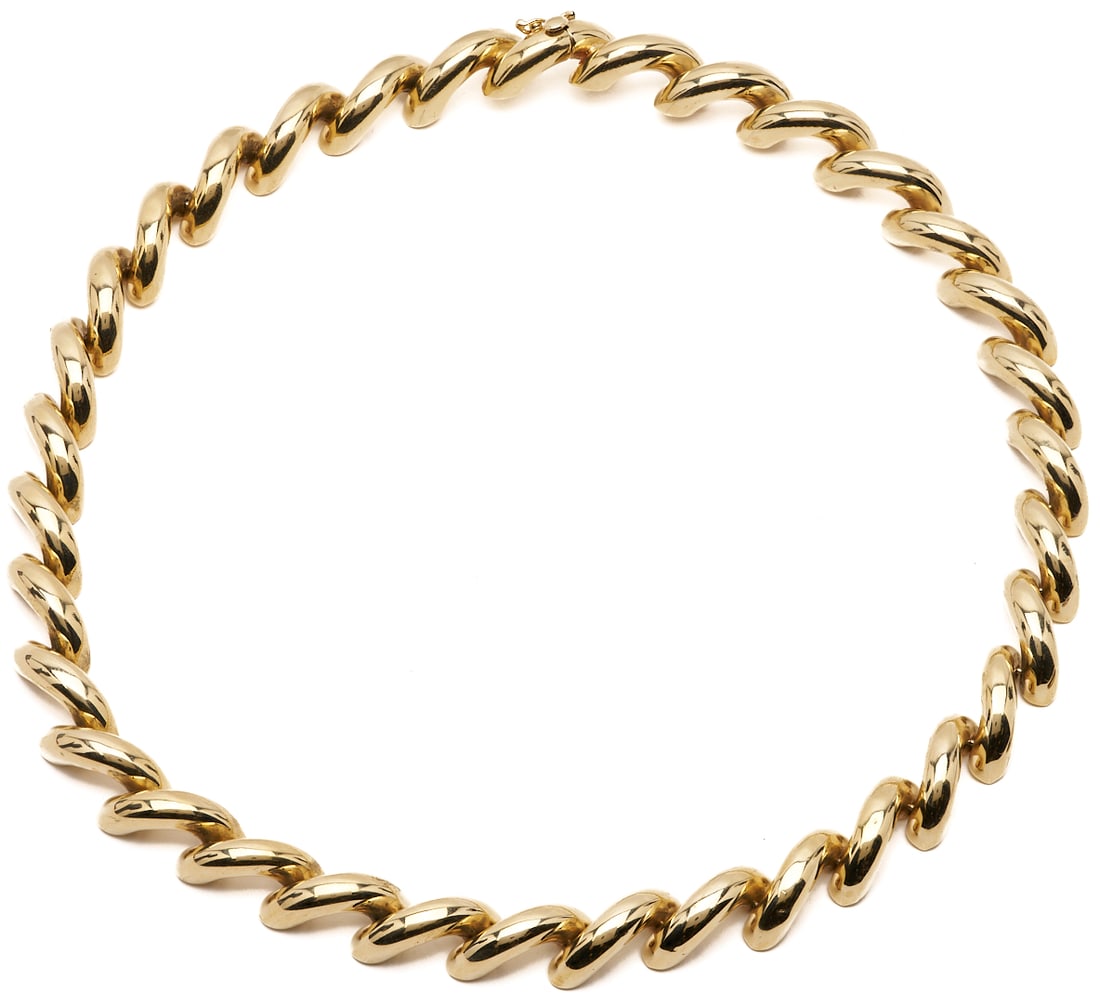 14K Italian San Marco Necklace: 14K yellow gold Italian San Marco necklace. Marked "14Kt Italy" and XRF tests 14K. 18 in. L. 55.31 grams. Additional high-resolution photos and a list of recommended shippers are available