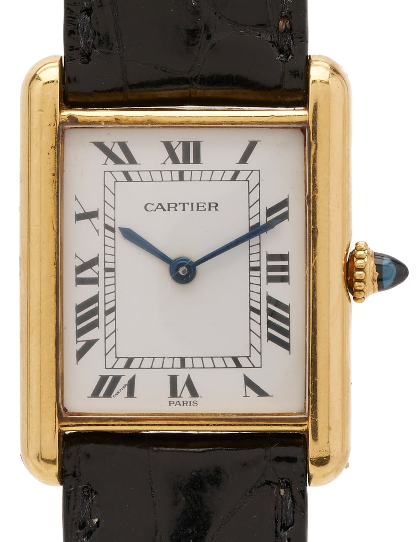 18K Cartier Tank Louis Wristwatch: Cartier 18K yellow gold Tank Louis wristwatch, Reference 78086, featuring a 23 mm x 31 mm case, white “Paris” dial with Roman numerals, blued steel hands, and a beaded crown set with a cab