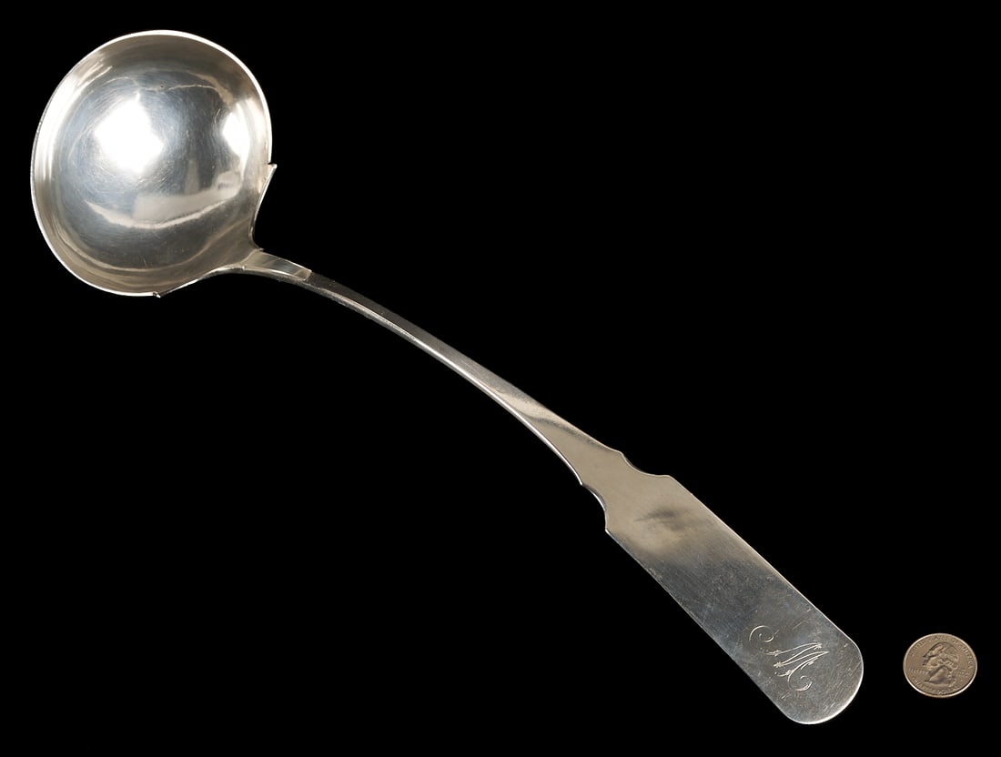 Nashville TN Coin Silver Large Ladle, Edward Raworth: An early Tennessee coin silver ladle with fiddle pattern handle and distinctive pointed fins. The handle stamped E. RAWORTH in a rectangle for Edward Raworth (Nashville, Tennessee, working 1808-1