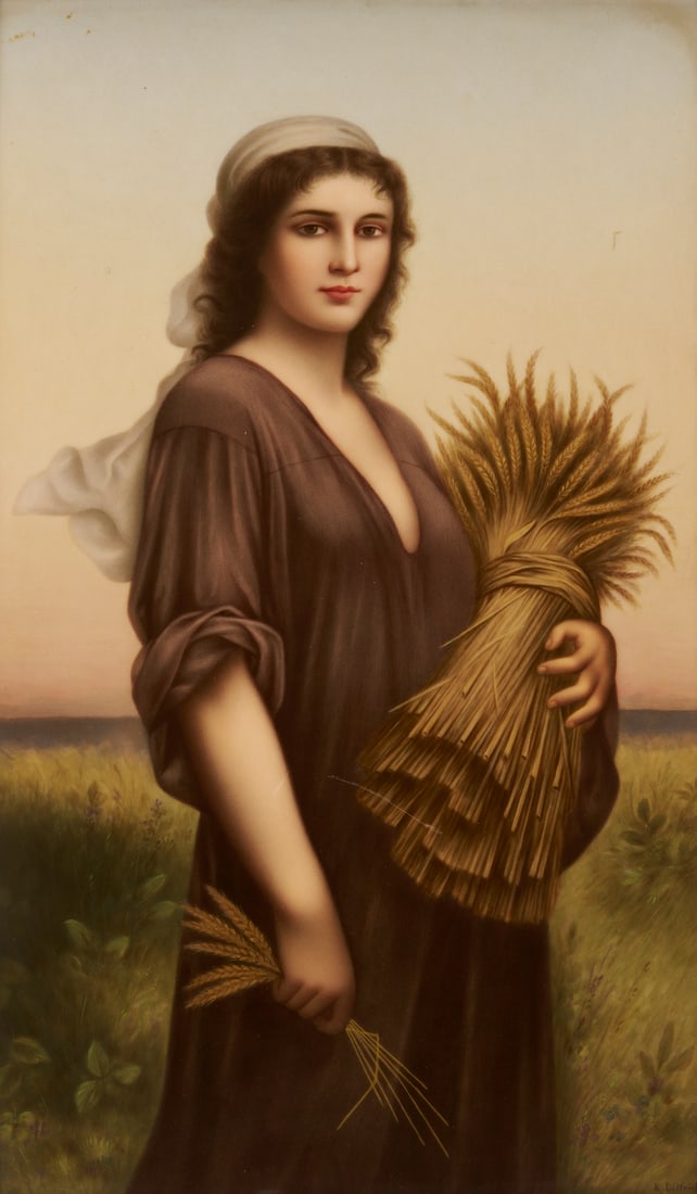 Large KPM Porcelain Plaque, Ruth or The Gleaner after Landelle: Large Berlin KPM rectangular hand-painted porcelain plaque depicting the biblical character Ruth, signed R. Dittrich, after the painting by Charles Zacharie Landelle (French, 1812–1908). Ruth stands