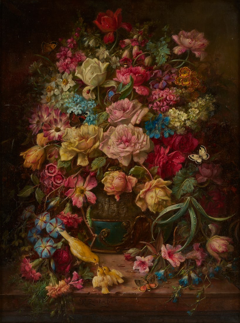 Hans Zatzka O/C Still Life Painting, Flowers w/ Birds & Butterflies (1 of 20)