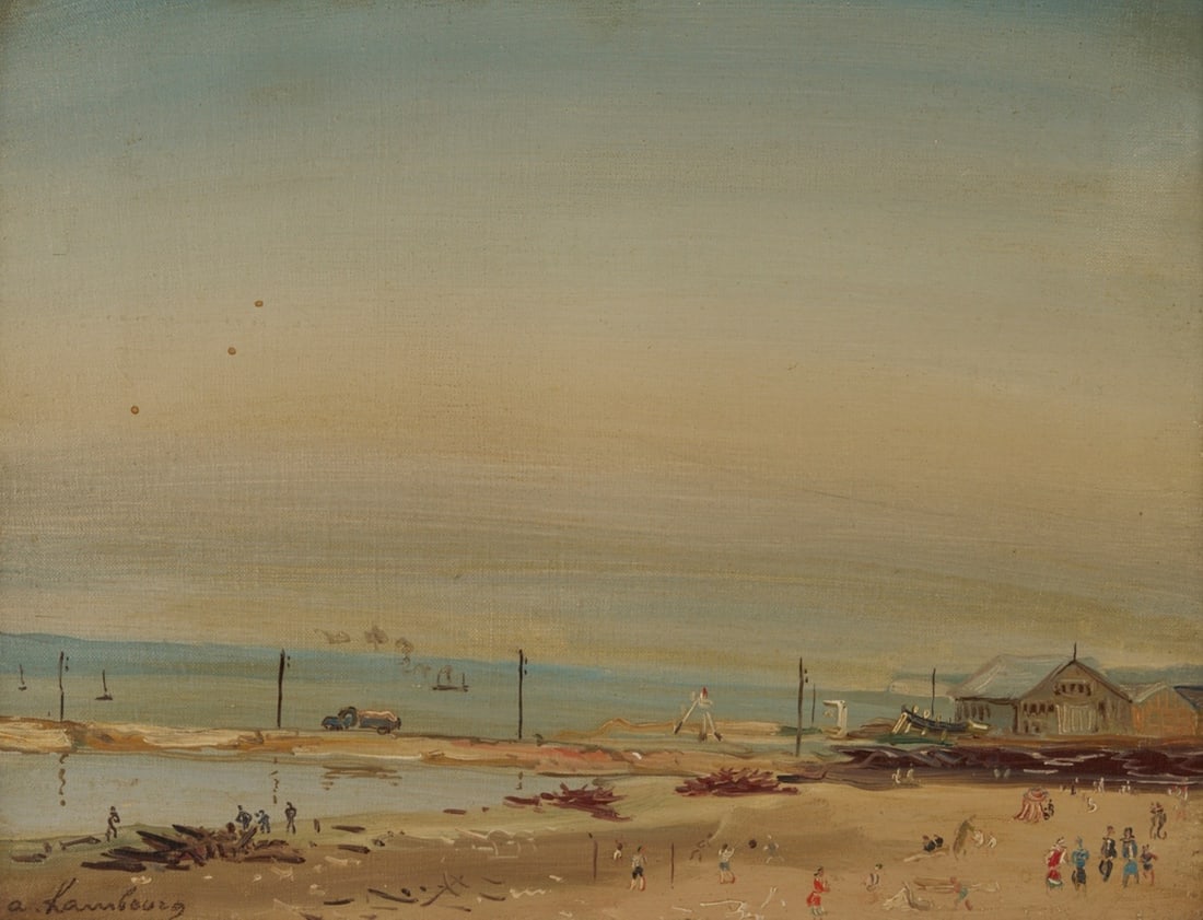 Andre Hambourg Seaside Scene Oil Painting: Andre Hambourg (French, 1909-1999), "Beau Temps sur la Plage, Honfleur," oil on canvas painting depicting figures on a beach under a serene sky, viewed from a distance. Signed lower left and titled en