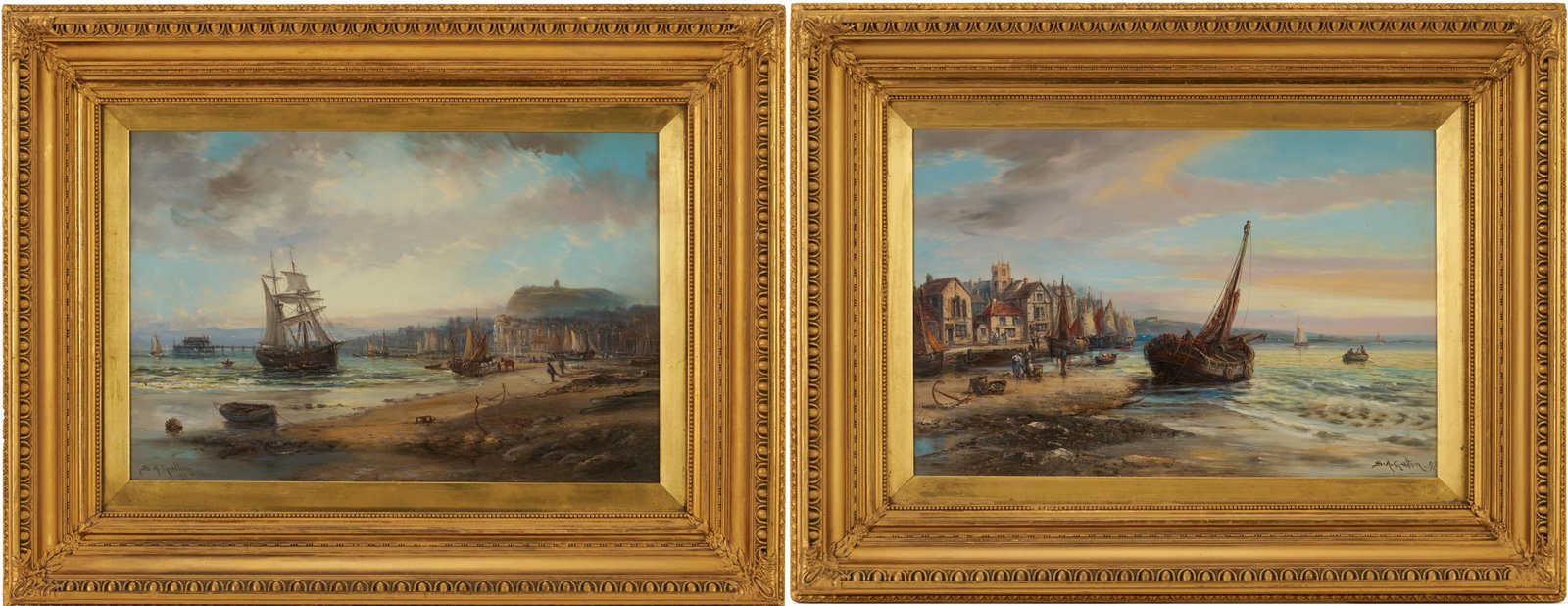 Pair S. A. Galton English Harbor Scene Paintings, Antique Frames: Pair of Stephen Arthur Galton (British,1829-1904) oil on canvas seaside scene paintings. One titled "Evening on the Cornish Coast" and the other "Evening on the South Coast.&q