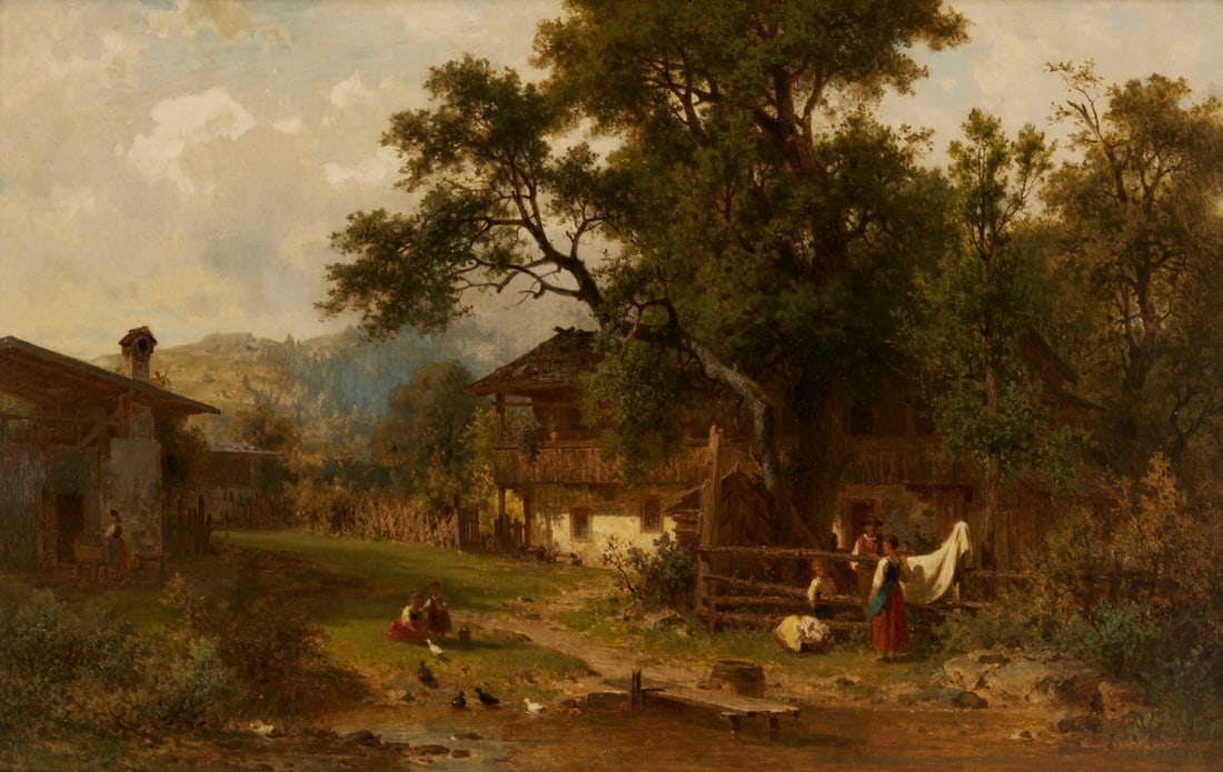 Arnold Meerman O/C Farm Scene: Arnold Meerman (German, 1829-1908), oil on canvas landscape painting depicting a bucolic European homestead. Women hang laundry outside a farmhouse under the shade of a large tree, while children play