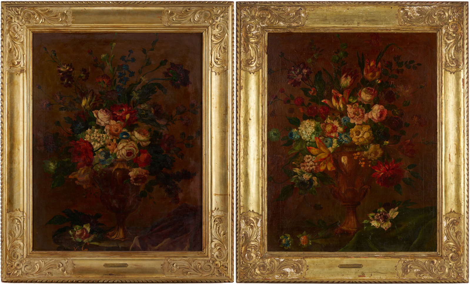 2 Continental School O/C Floral Still Life Paintings, Early Carrig-Rohane Frame: Two (2) 19th century or earlier continental school oil on canvas floral still life paintings, each depicting bouquets of colorful flowers in ornate vases and likely by the same hand. The painting