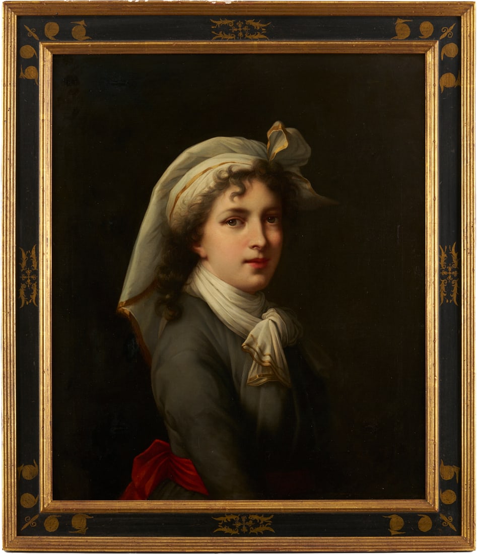 O/C Painting After Elisabeth Vigee Le Brun, Self Portrait: Oil on canvas painting depicting Elisabeth Vigee Le Brun (France, 1755-1842), likely inspired by the artist's 1790 "St. Luca" self-portrait in the Galleria degli Uffizi, Floren