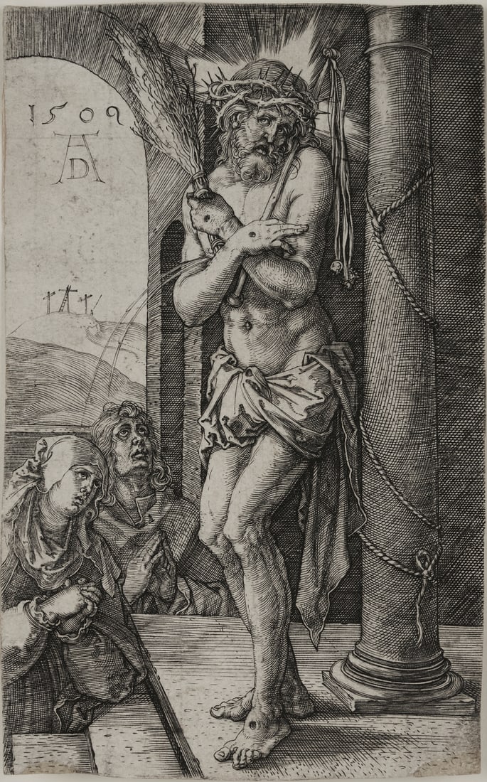 Durer Engraving, Man of Sorrows by the Column from the Engraved Passion: Albrecht Durer (German, 1471-1528) etching on laid paper, “Man of Sorrows by the Column,” from the Engraved Passion series. A Meder c-d (of e) impression, with very fai