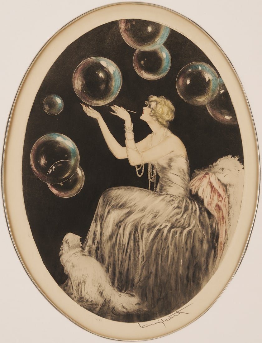 Louis Icart Signed Etching, Bubbles: Louis Justin Laurent Icart (French, 1888-1950) etching with hand coloring, "Bubbles." A seated woman in a long dress lightly touches a bubble with a wand, while a cat is poised in 