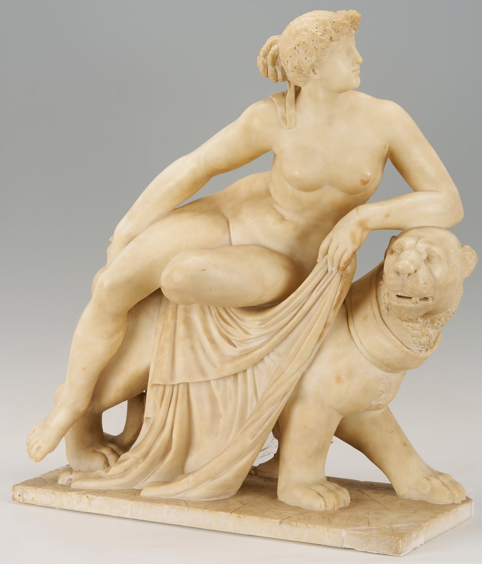 Large Alabaster Sculpture, Ariadne and the Lion: Large carved alabaster sculpture after Johann Heinrich Von Dannecker (German, 1758-1841) depicting the mythological Greek princess Ariadne riding a panther. Not signed. 28 in. H x 25 in