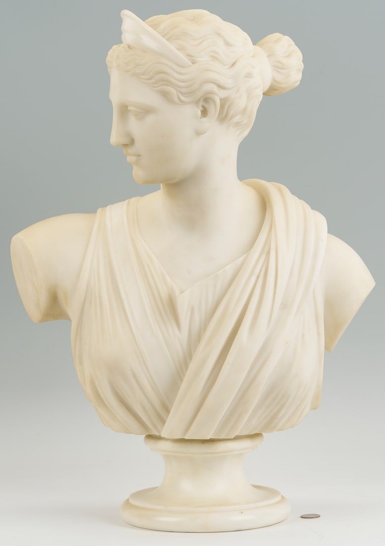 Large Pietro Bazzanti Marble Bust of Diana: Pietro Bazzanti (Italian, 1842-1881) marble portrait bust of Diana after the Diana of Versailles full figure statue, originally executed in 100 BCE, now in the Louvre, mounted on a circular plinth bas