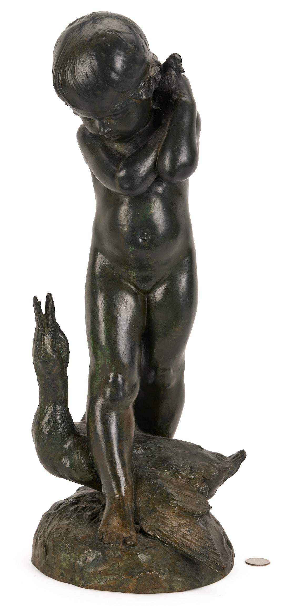 Edward Berge Bronze Fountain, Duck Mother: Edward Berge (American, 1876-1924) bronze titled "Duck Mother", depicting a young child holding a duckling, standing above and gazing downward at a mother duck with outstretched wings and an