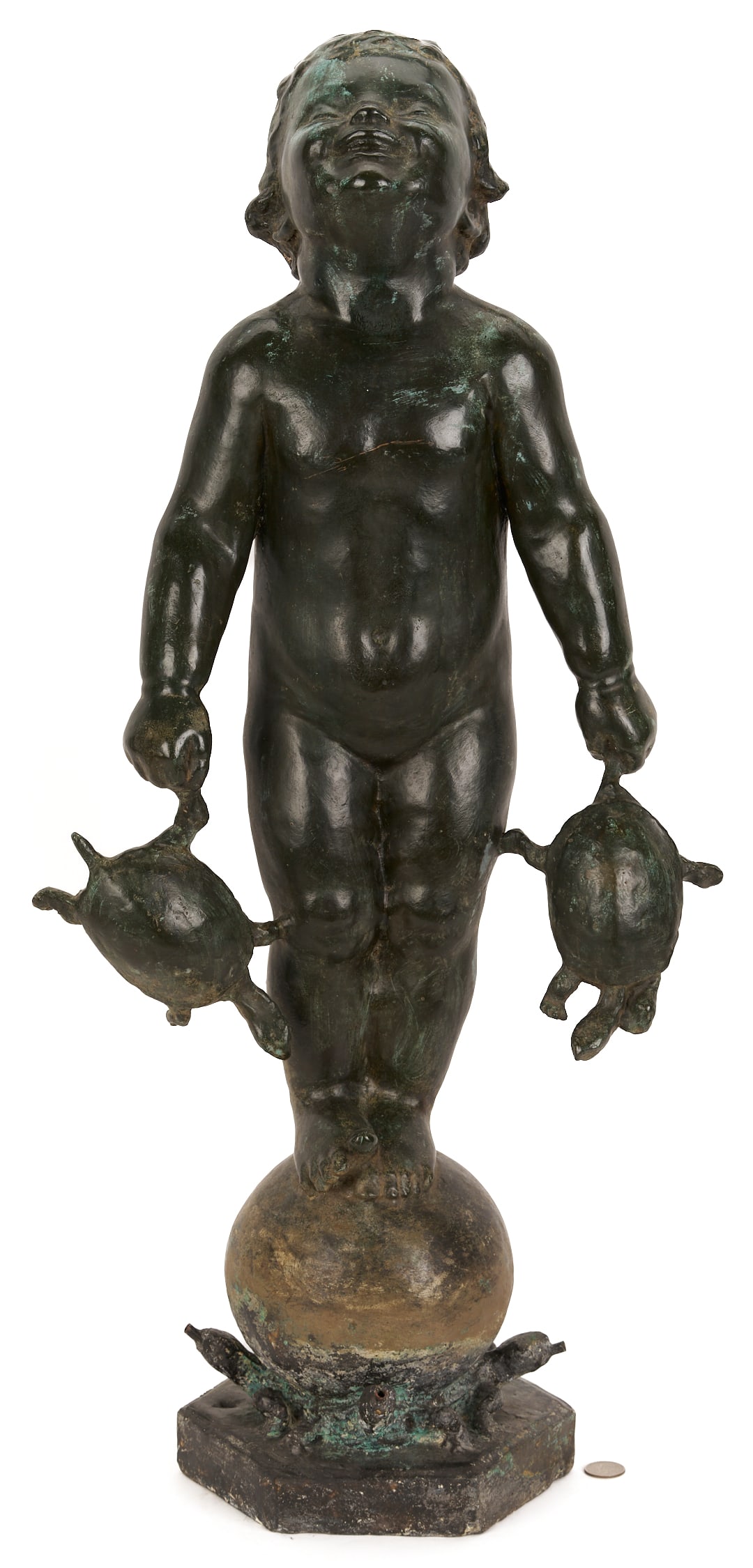 Edith Parsons Bronze Garden Fountain, Turtle Baby: Edith Baretto Parsons (1878-1956) bronze garden fountain titled "The Turtle Baby", depicting a young child standing on a globe and holding a turtle in each hand. Signed on the lowe