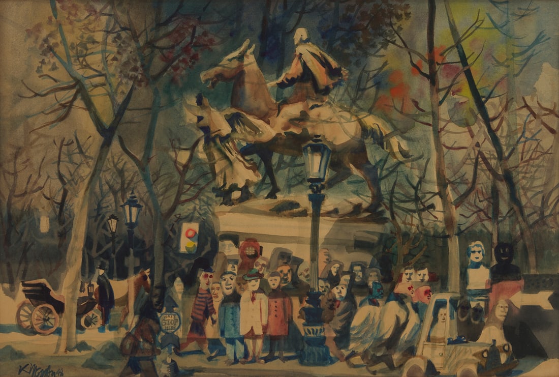 Dong Kingman W/C Painting, NYC Central Park Monument On 59th St., 1948: Dong Moy Chu Kingman (American, 1911-2000), watercolor painting, "Monument On Fifty Ninth St." A group of people waits at a crosswalk before Augustus Saint-Gaudens's William T