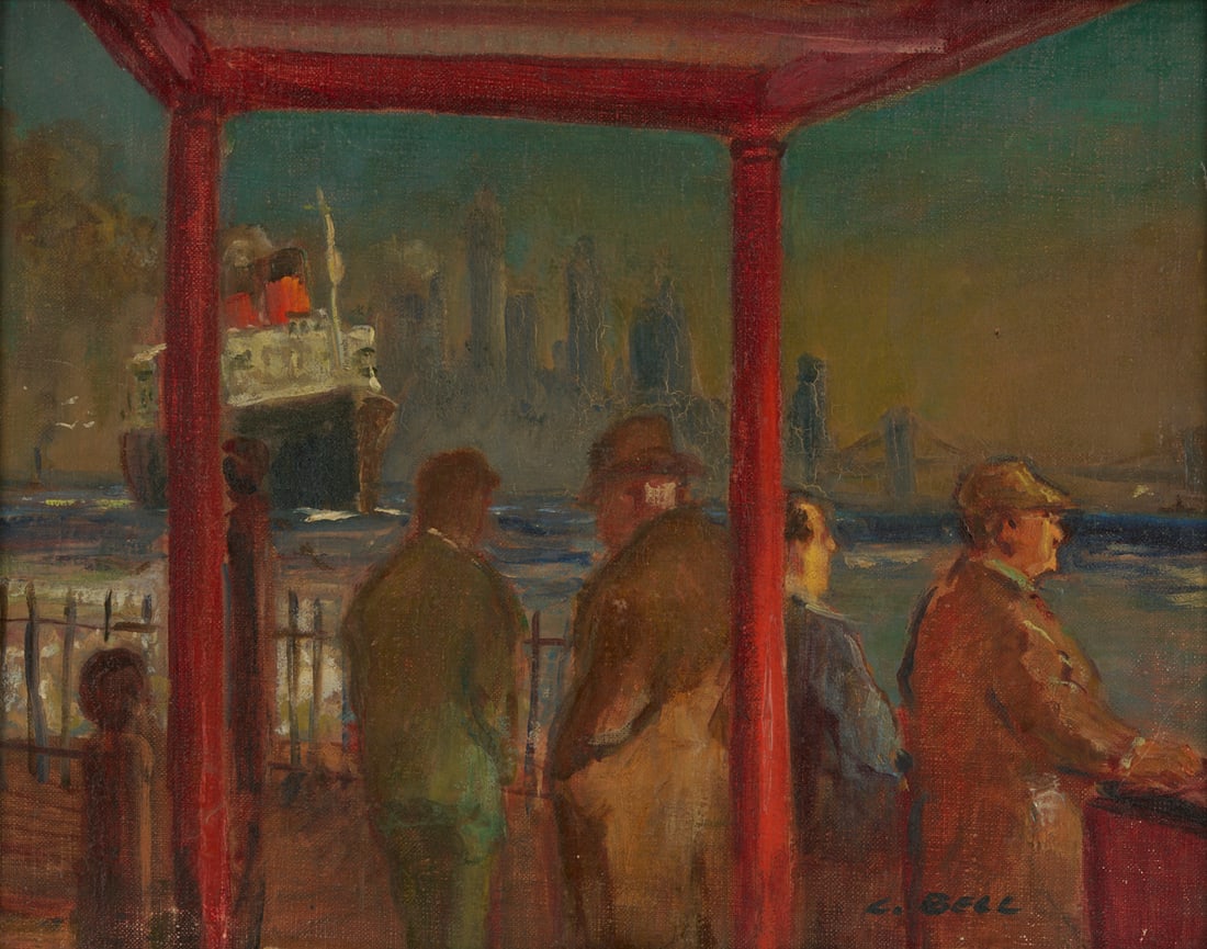 Cecil Bell O/C, Passing Ships - Queen Mary: Cecil Crosley "Spike" Bell (American, 1906-1970) oil on canvas painting depicting passengers on the deck of a ferry, catching a glimpse of the HMS Queen Mary as the ships pass in t