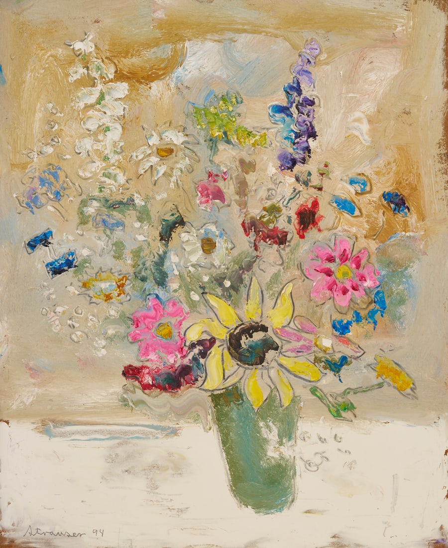 Sterling Strauser Floral Still Life Painting, 22 x 18 in.: Sterling Boyd Strauser (American, 1907 – 1995), oil on board still life painting depicting a bouquet of mixed flowers, including a sunflower and gladiolas, in a green/blue vase on a white g