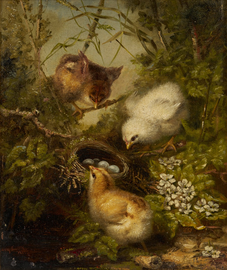 Mary Smith Oil Painting, Three Chicks at Nest: Mary Russell Smith (American, 1842 - 1878) oil on board painting depicting three fledgling chicks surrounding a nest with eggs in a forest floor setting. Signed and dated lower left in red &