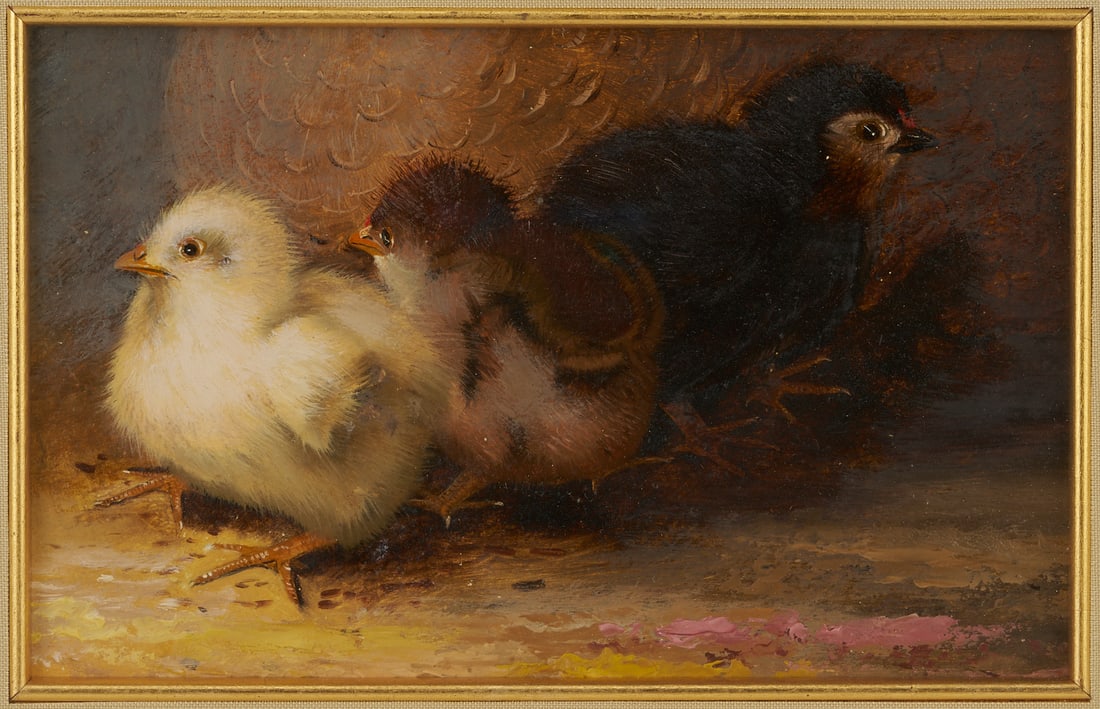 Mary Smith Oil Painting, Three Chicks: Mary Russell Smith (American, 1842 - 1878), oil on card painting that depicts three fledgling chicks who stand beside their mother, shown only from the neck down. With three pencil sketches of chicks 
