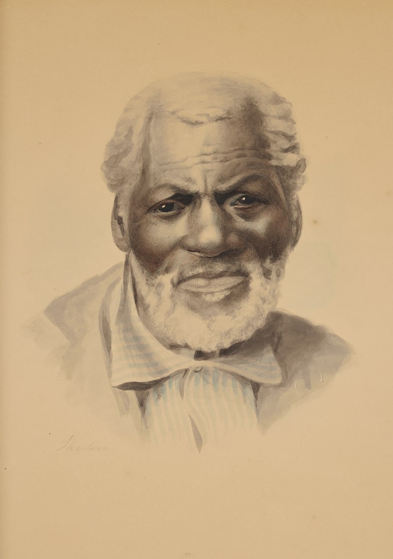 Maria Howard Weeden Watercolor Painting, Portrait of a Man: Maria Howard Weeden (Alabama, 1846-1905) watercolor on card portrait of an elderly African American man shown in bust-length. He wears a striped, blue shirt under a jacket and looks directly toward th