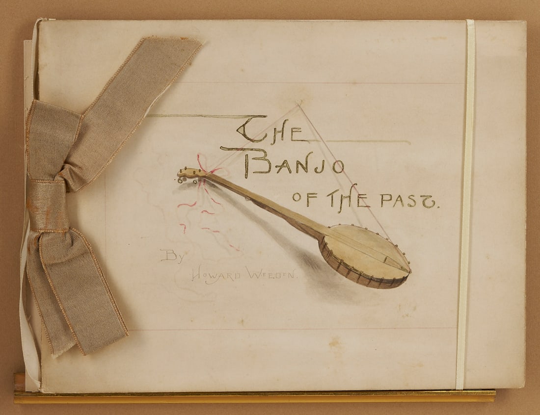 Maria Howard Weeden Original Watercolor Book, Banjo of the Past: Maria Howard Weeden (Alabama, 1846-1905) original watercolor and pencil artist's book on two sheets of bifolded card entitled "The Banjo of the Past" with the handwritten text of the poe