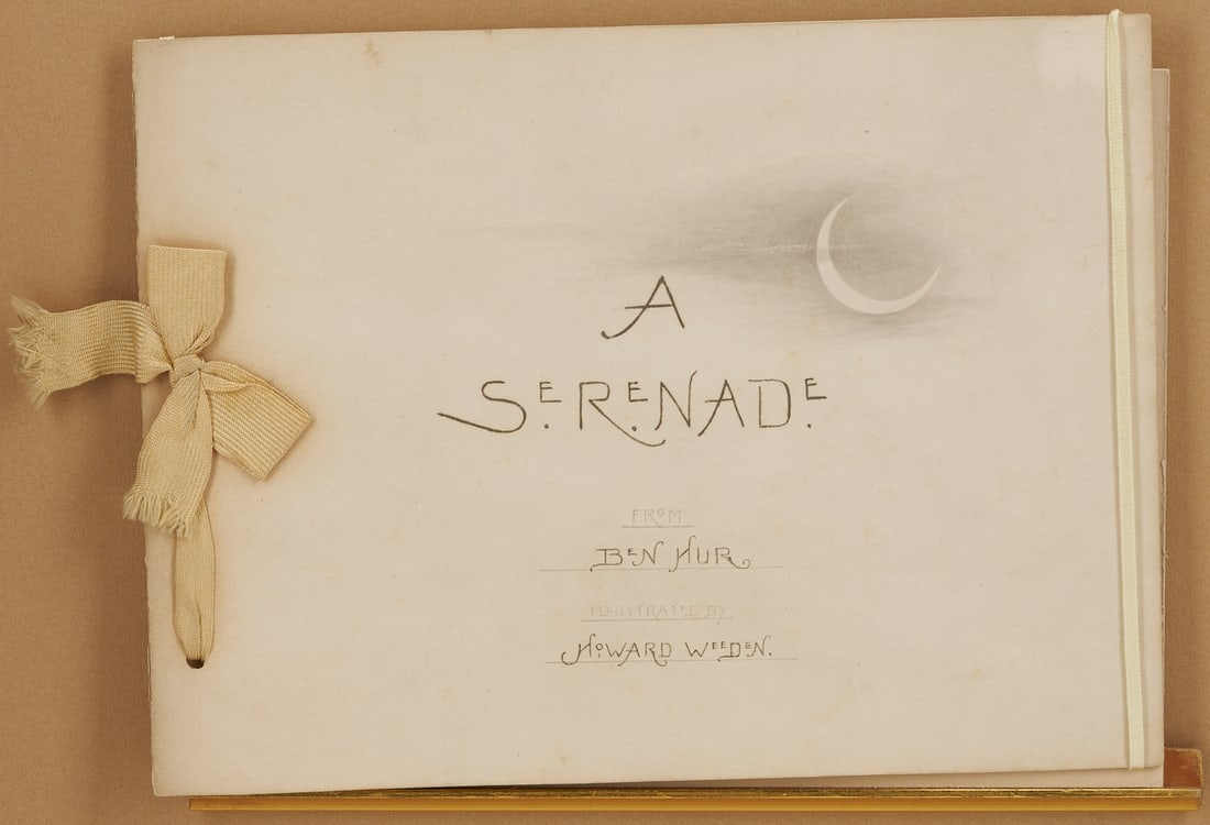 Maria Howard Weeden Original Watercolor Artist's Book, A Serenade (from Ben-Hur): Maria Howard Weeden (Alabama, 1846-1905) original watercolor or inkwash and pencil artist's book on two sheets of bifolded card entitled "A Serenade," with the handwritten text of t