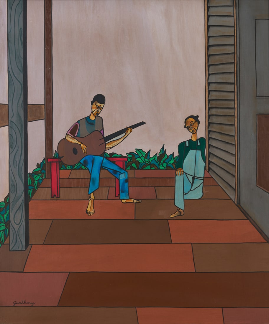 Robert Gwathmey O/C Painting, Musical Couple on Porch: Robert Gwathmey (Virginia/New York, 1903-1988) oil on canvas painting of an African American man and woman seated outdoors on a porch. The man plays an acoustic guitar or mandolin while the woman list