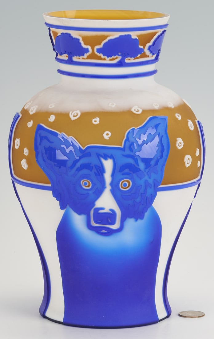 George Rodrigue Cameo Glass Blue Dog Vase (1 of 14)