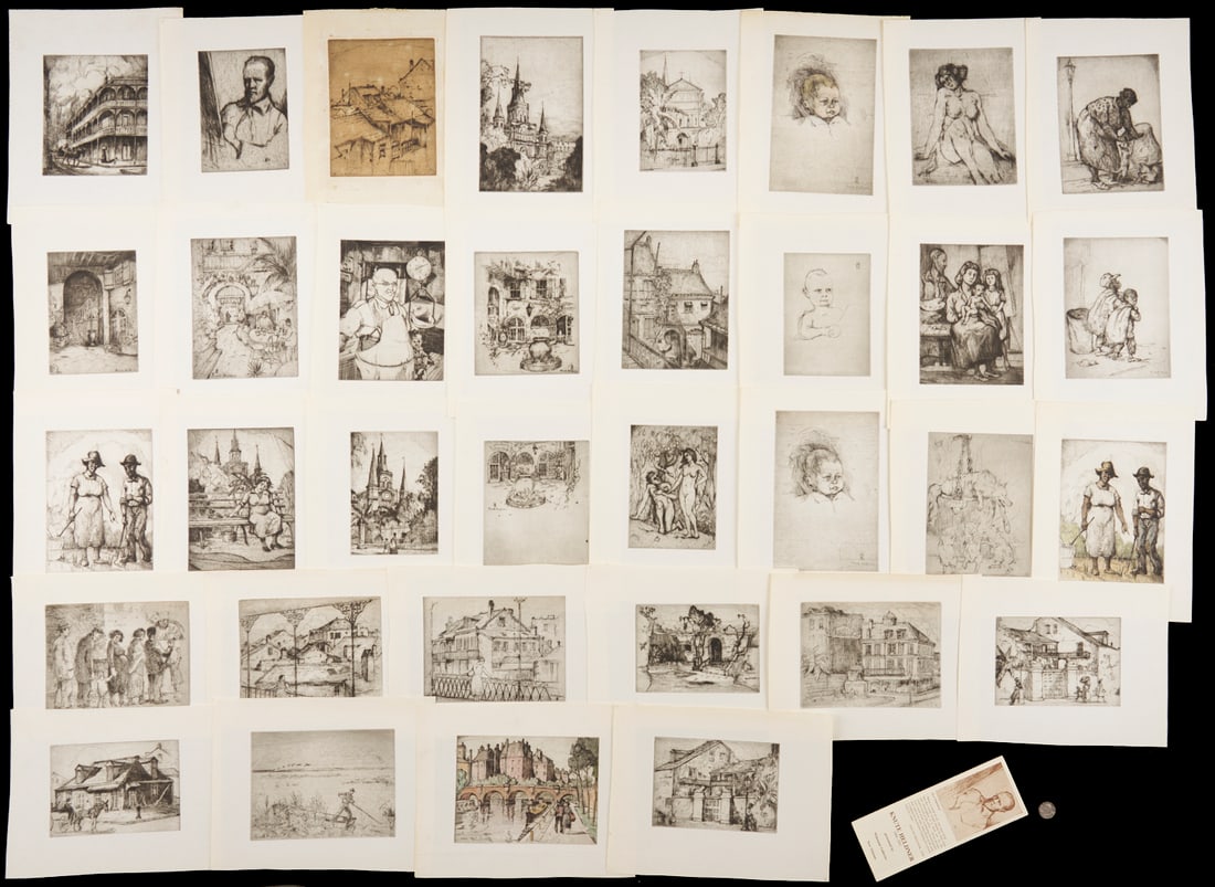 34 Knute Heldner Etchings, most New Orleans: Collection of 34 etchings on paper by Knute Heldner (American/New Orleans, 1875-1952). Most of the etchings portray early 20th century New Orleans, including landmark architecture such as St. Lou