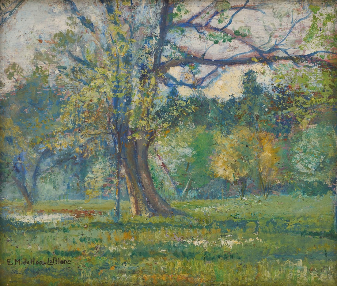 Emilie de Hoa LeBlanc oil landscape painting: Emilie Marie de Hoa LeBlanc (American/New Orleans, 1870-1941) oil on board painting depicting a tree at the center of a landscape, possibly an orchard, on a clear day. Signed lower left. Housed under 