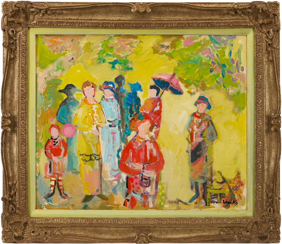 Arthur Weeks O/C Painting, Figures in a Park: Arthur Weeks (American/Alabama, 1930-1988) oil on canvas impressionist painting depicting figures in a park illuminated by golden sunlight. Signed "Arthur Weeks" lower right and ad