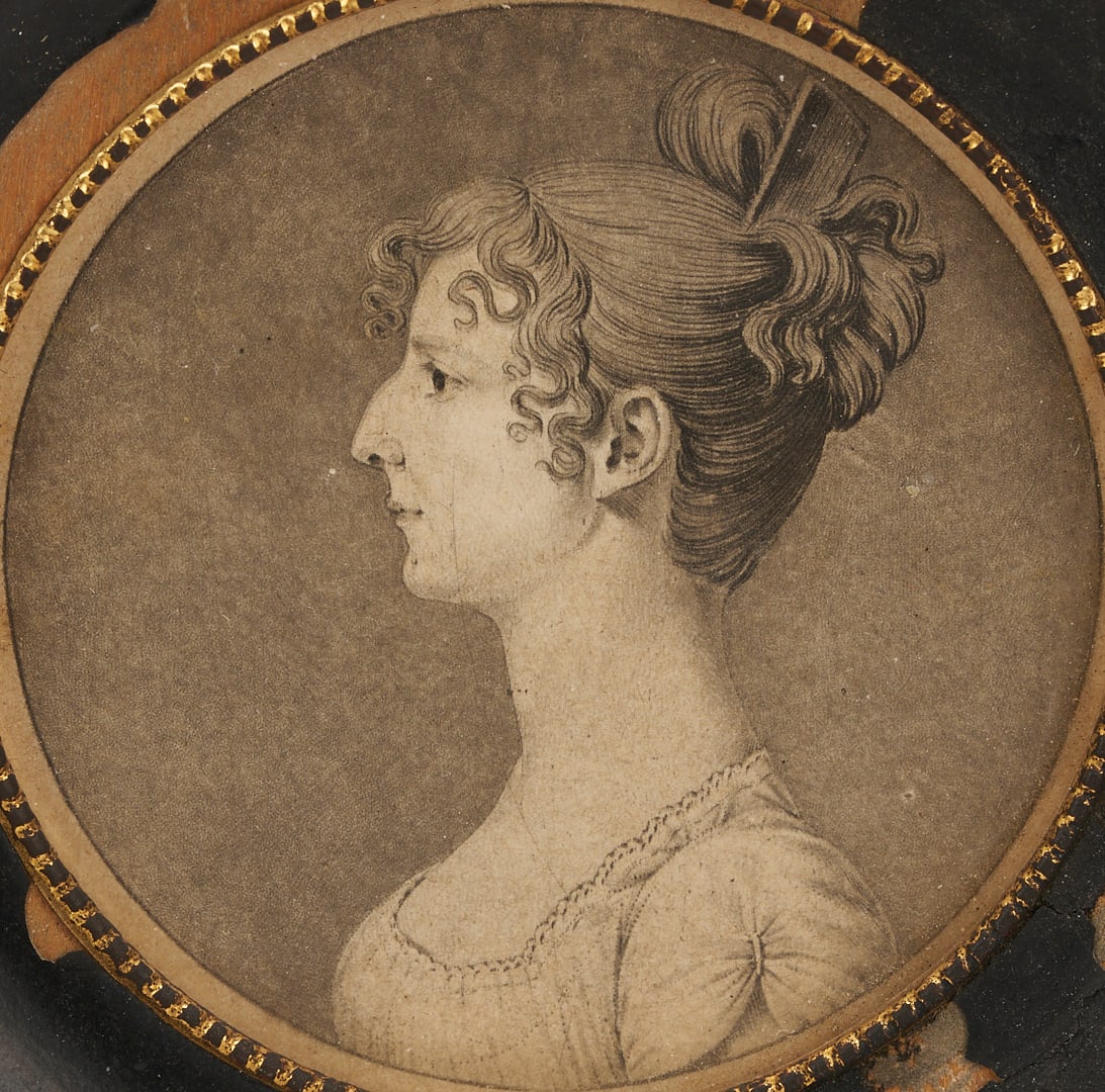 St. Memin Mezzotint Miniature Portrait of Martha Jefferson Tyler Waggaman: Charles B.J. Fevret de Saint Memin (French, 1770-1852) miniature circular mezzotint and engraved portrait of Martha Jefferson Tyler Waggaman (1782-1855), daughter of Virginia Governor John T