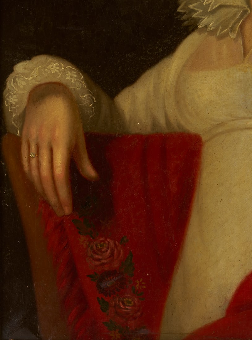 Francis M. Drexel O/C Portrait of Harriotte Craig Cowan, PA / TN: Francis Martin Drexel (Austrian-American, 1792-1863) oil on canvas portrait of Harriote Adaline Craig of Philadelphia and Tennessee (1795-1867), signed and dated 1819 en verso. The half length portrai