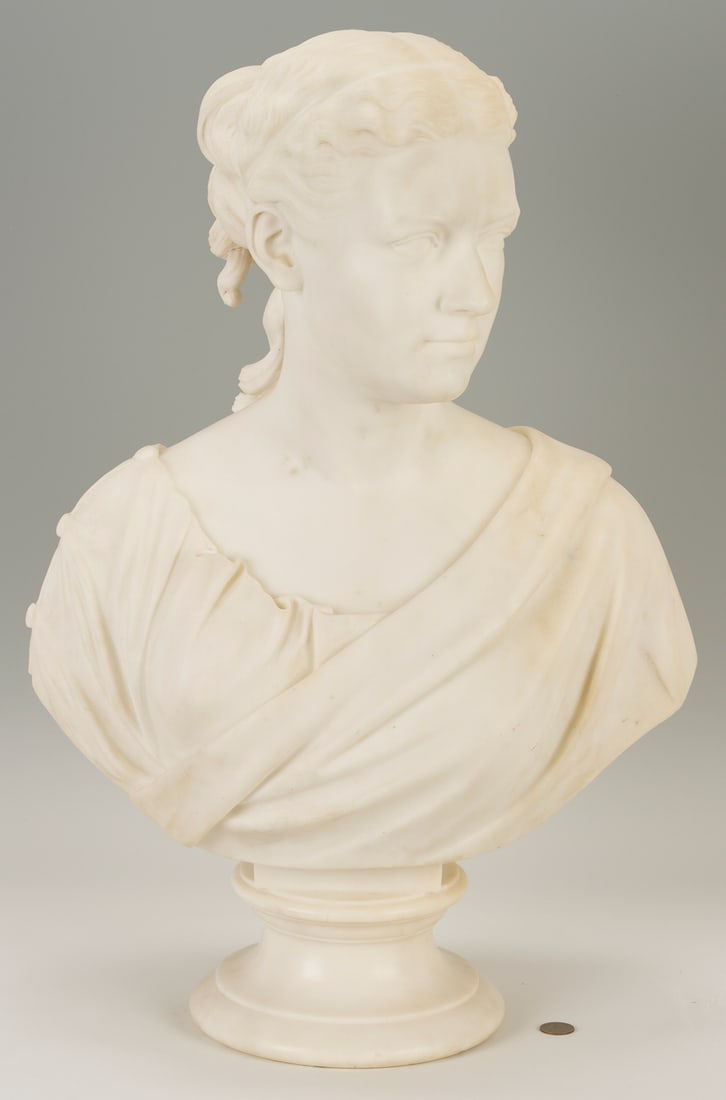 William Henry Rinehart Classical Marble Bust: William Henry Rinehart (Maryland/Rome - 1825-1874) carved marble portrait bust of a young female dressed in classical attire, raised on a round socle base. Signed and dated en verso pedestal "Wm.