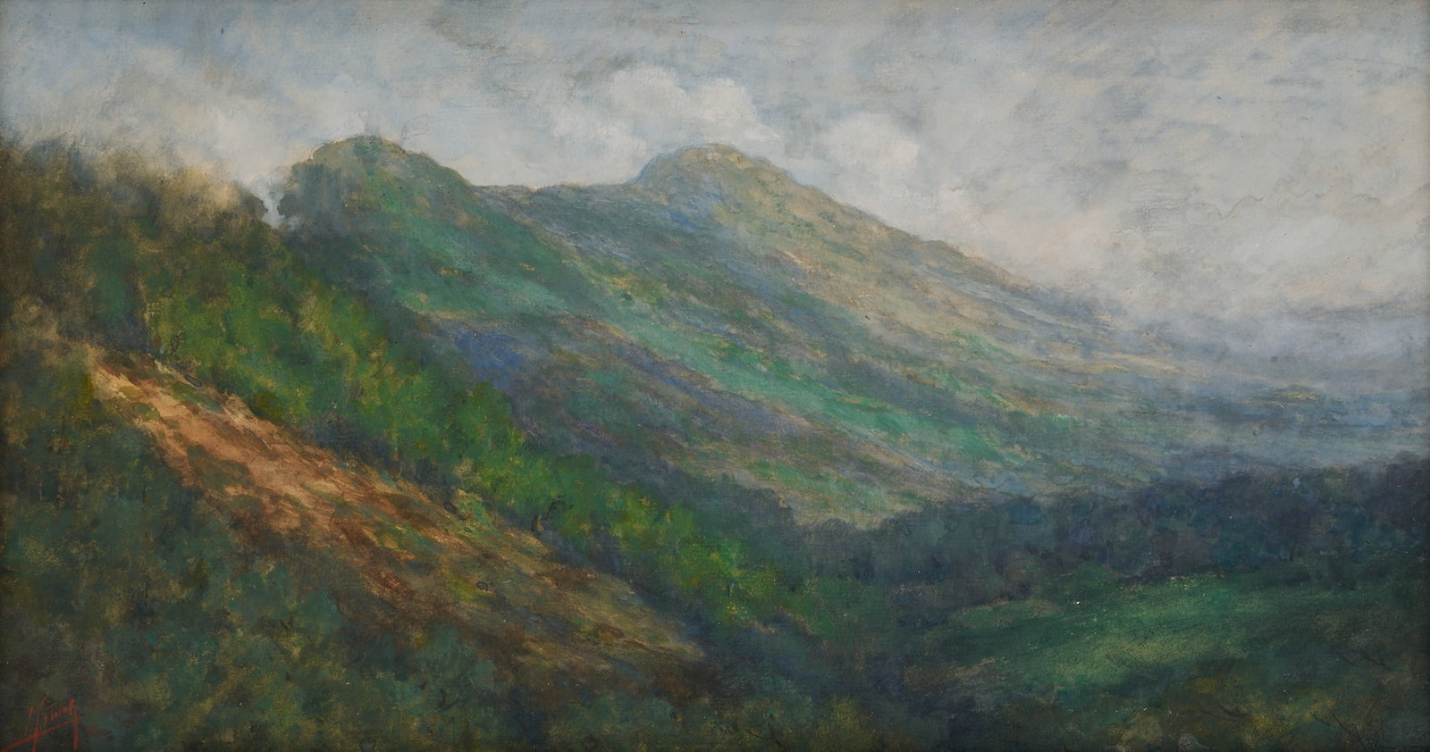 Charles Krutch Panoramic Smoky Mountain W/C Landscape Painting: Charles Krutch (Tennessee, 1849-1934) watercolor East Tennessee landscape that depicts an atmospheric Smoky Mountain vista beneath a cloudy sky. Fog gathers in the valley at right and a