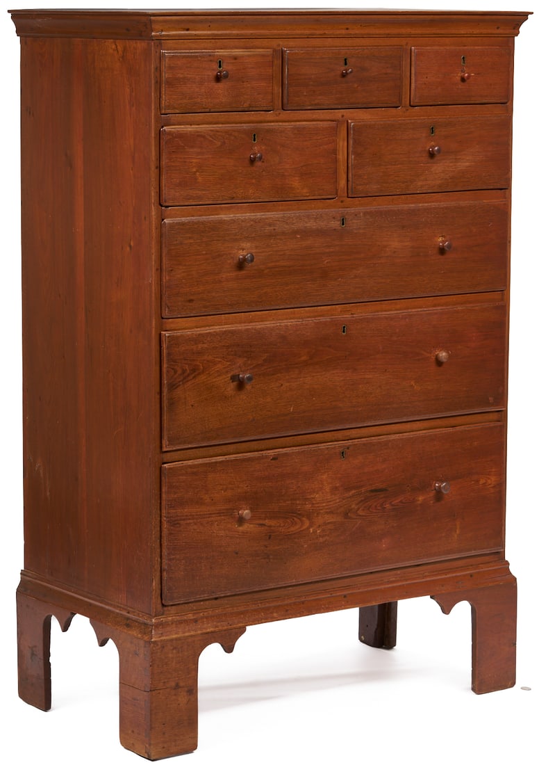 East TN Chippendale Tall Chest, Documented MESDA, Art & Mystery: Greene Co., Tennessee, Chippendale walnut high chest with yellow pine secondary. Ogee cornice with three over two over three dovetailed drawers, tall bracket feet with spur returns. Three hidden dovet
