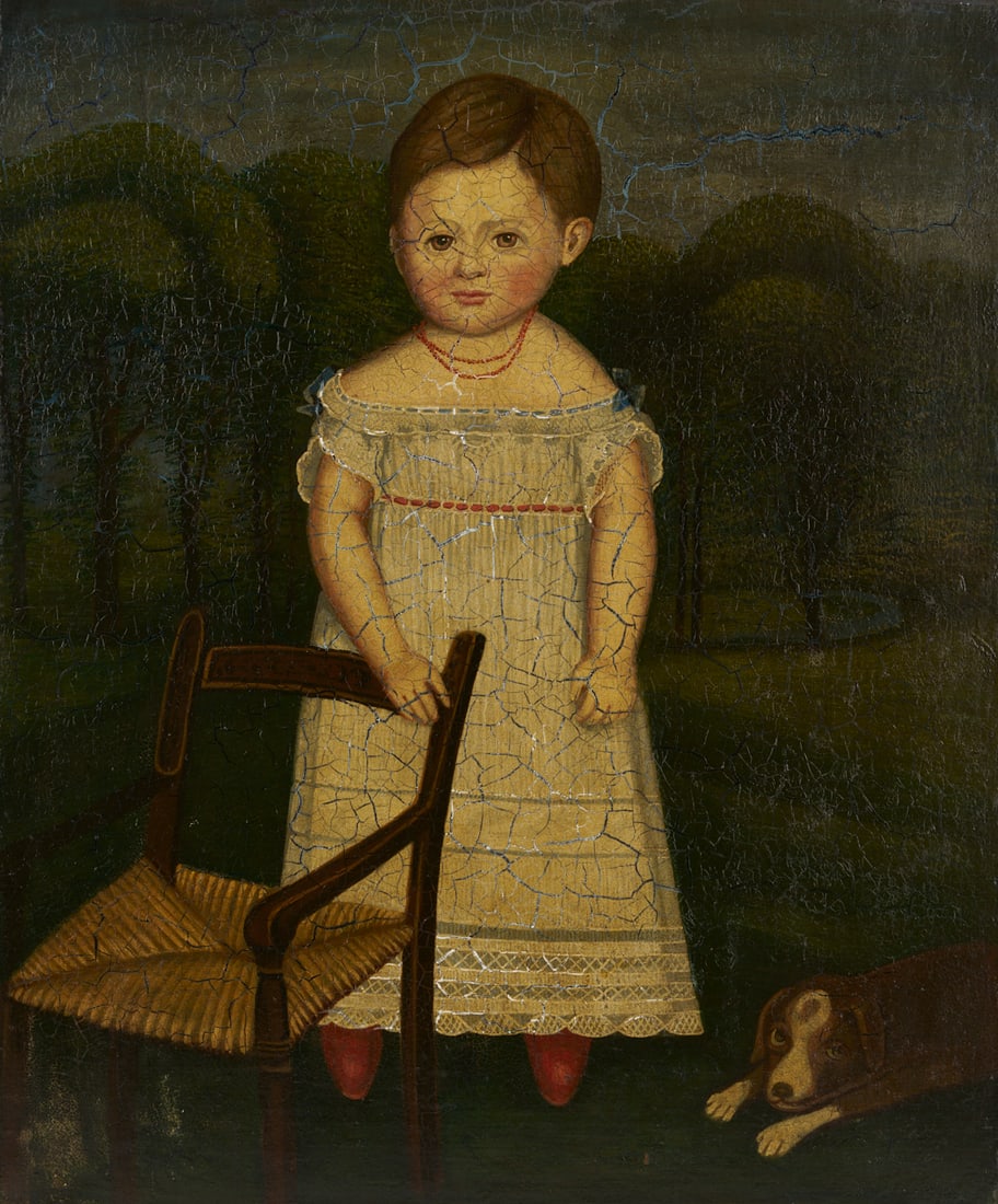 American 19th c. Folk Art Oil Painting, Girl & Dog in a Landscape (1 of 20)