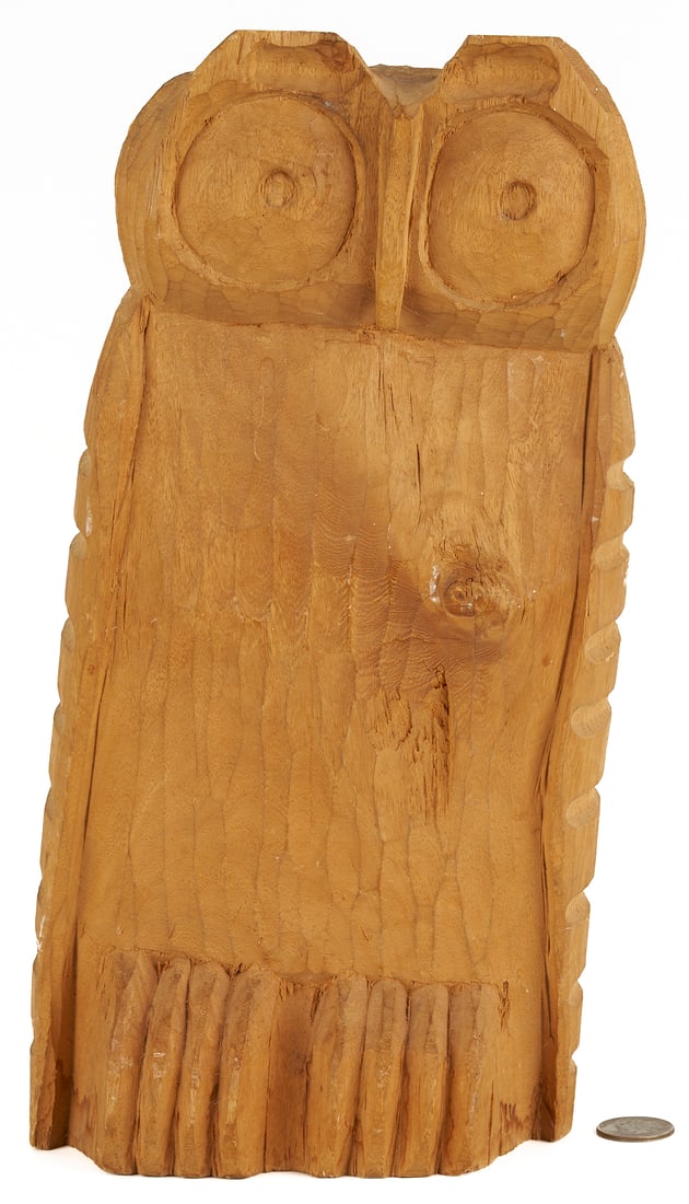Folk Art Carved Owl: Folk art hand-carved figure of an owl, incised signature "GEORGE" on the underside. 12 in. H x 6 in. W x 5 1/2 in. D. American, 20th century. Additional high-resolution photos and a li