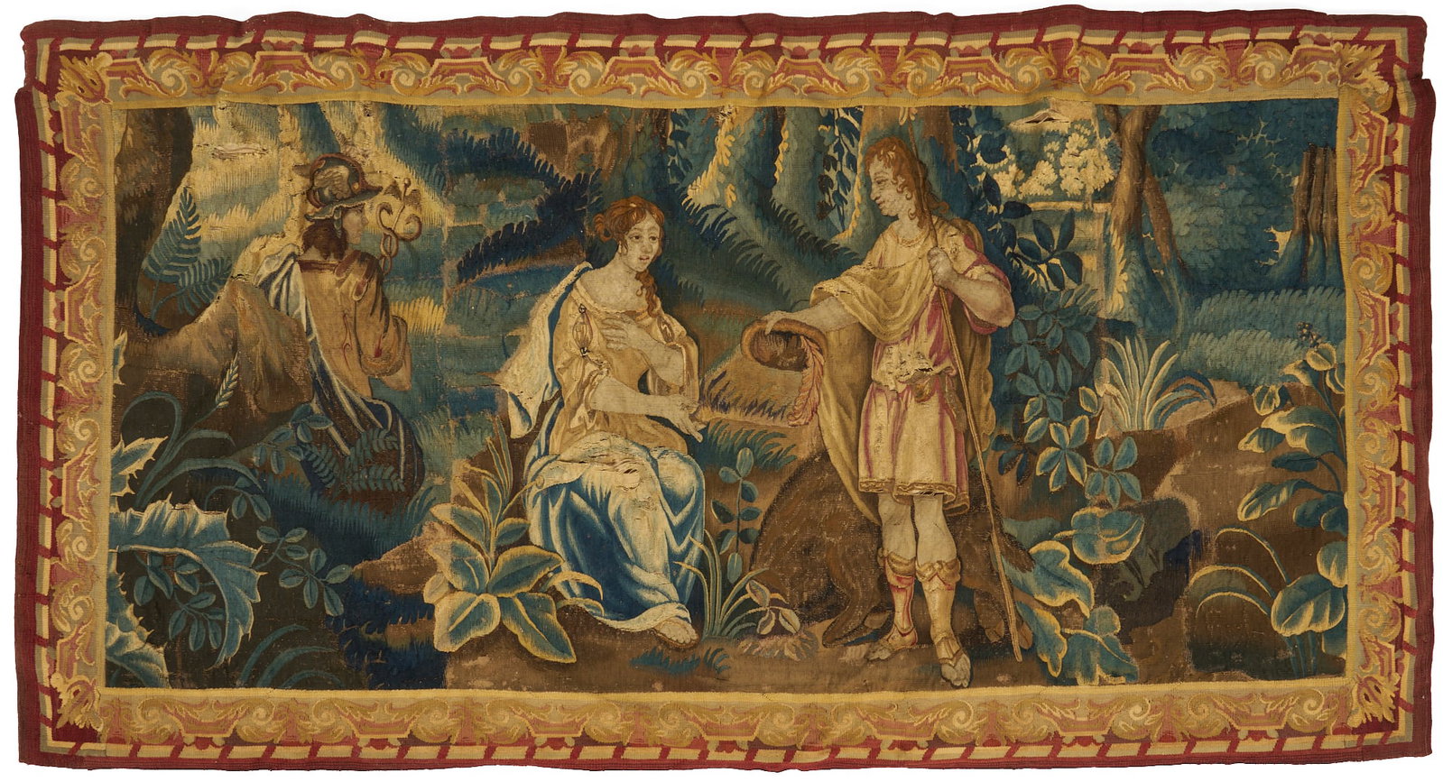 Continental Mercury or Hermes Tapestry w/ Boar Hunter, 18th C.: Flemish or French Verdure Tapestry, wool, depicting the mythological Hermes or Mercury watching on as a man with a boar at his feet tips his hat to a maiden in a forest setting. Mounted to a later fol