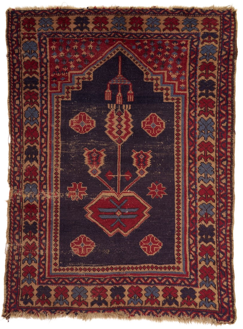 Antique Transylvanian Prayer Rug, 3 ft. x 5 ft.: Antique Transylvania Anatolian prayer rug, central stylized blue ground mihrab or prayer niche within floral and geometric borders. Woven in red, blue, and cream colors. 3 ft. x 5 ft. Second half of t