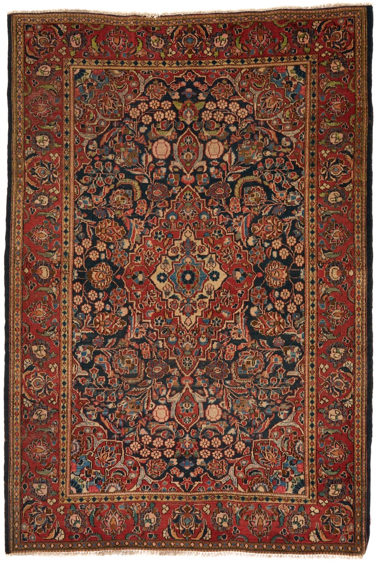 Vintage Persian Kashan Medallion Rug 4 ft. 5 in. x 6 ft. 7 in.: Vintage Persian Kashan medallion wool rug with multiple central medallions with overall scrolling foliate and palmette decoration, with geometric and foliate borders. Woven in red, blue, salmon, gold,