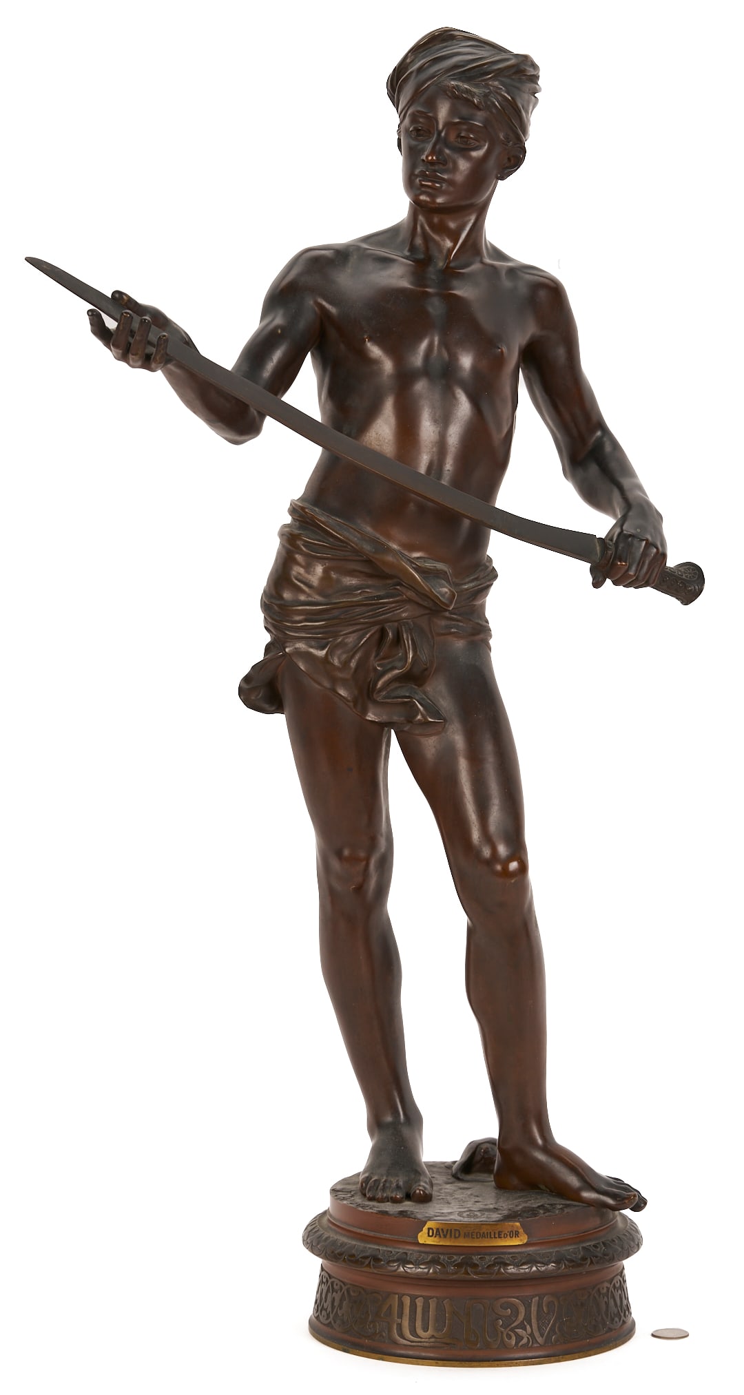 Jean J. Cambos, Bronze Sculpture of David: Jean Jules Cambos (French, 1828 - 1917), a large bronze sculpture depicting the Biblical figure David holding a sword and standing on a round base with his sling shot beneath his feet. Base