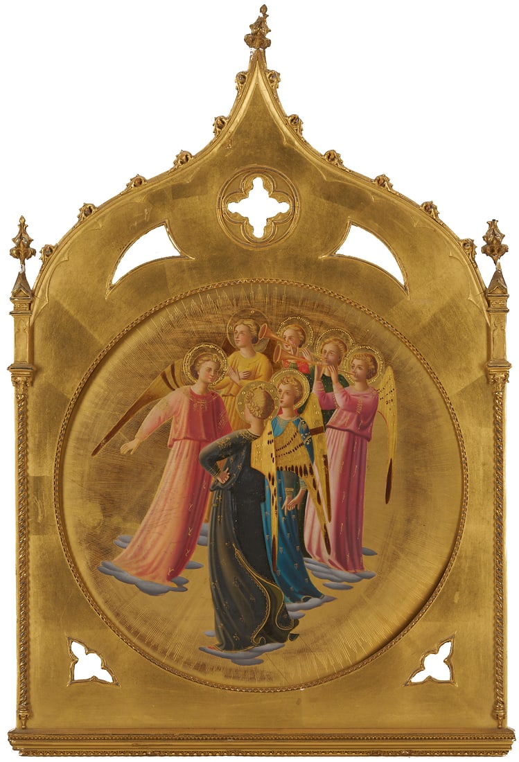Tondo Painting after Fra Angelico, Gothic Gilt Frame: Oil painting after Fra Angelico, tondo style depiction of the Coronation of the Virgin (a circa 1440 fresco at the Convent of San Marco, Florence), likely a Grand Tour souvenir. Housed in a Gothi