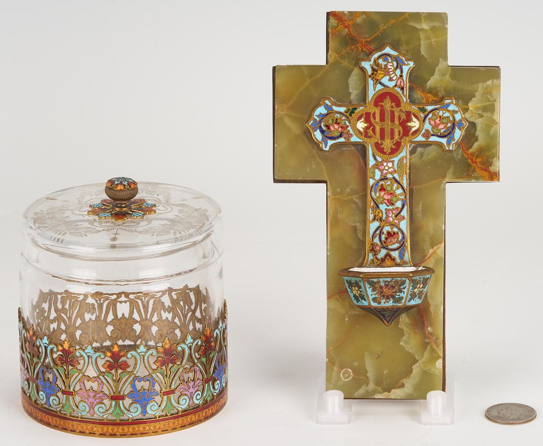 Cloisonne & Onyx Cross Plus Enameled Glass Jar: Item 1: French champleve onyx and bronze crucifix with holy water font. Turquoise cloisonne cross with floral designs around "IHS," on red enamel. Holy water font is turquoise cloissonne wit