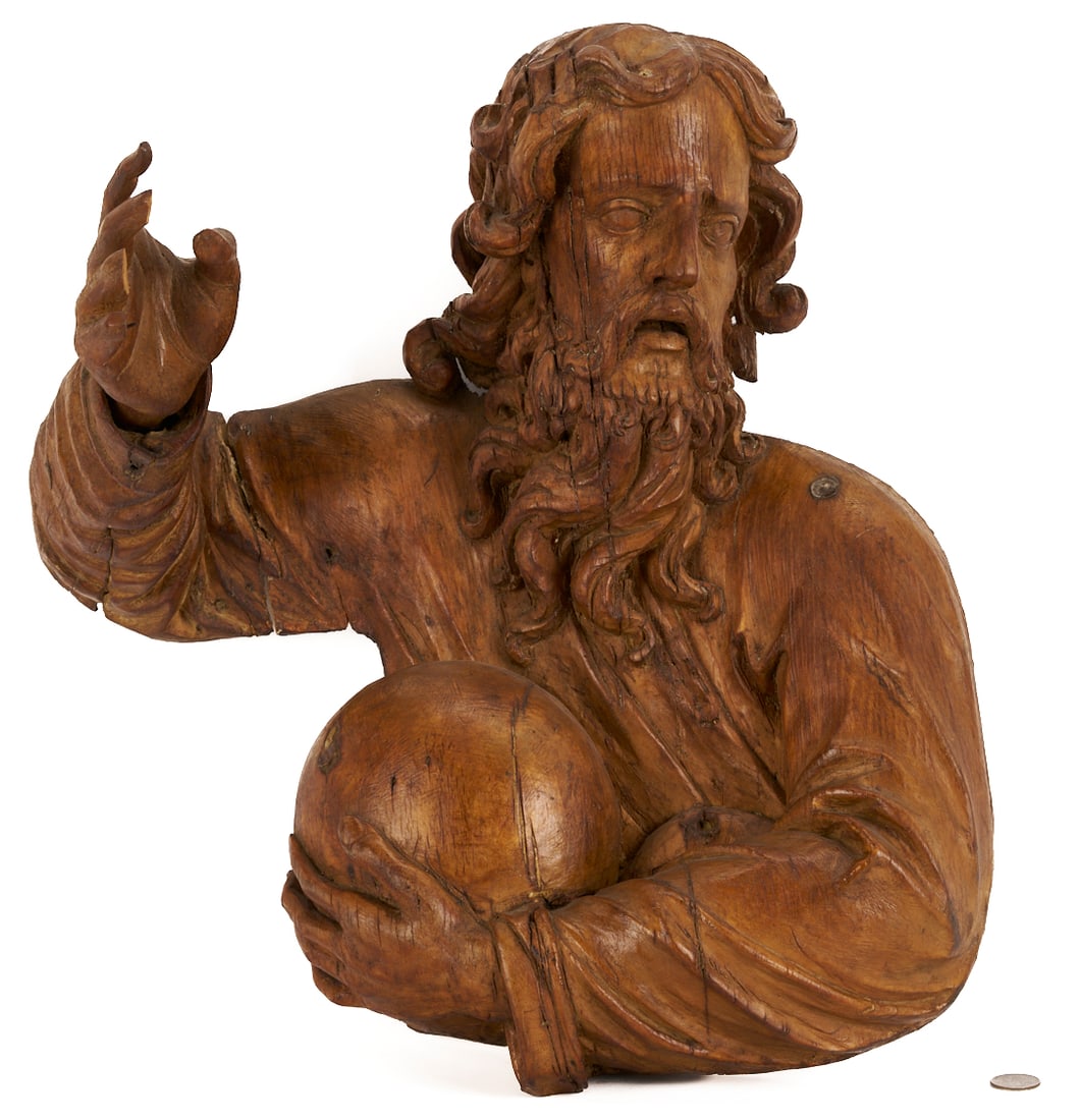 Renaissance Style Carved Salvator Mundi: Renaissance Style carved wood wall sculpture "Salvator Mundi" (Savior of the World) figure of Christ. Depicting Christ with one arm raised in blessing and holding an orb representing the wor